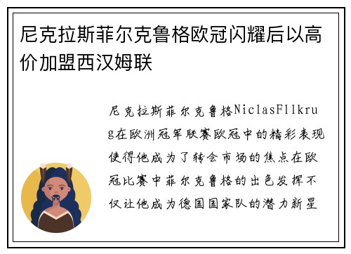 尼克拉斯菲尔克鲁格欧冠闪耀后以高价加盟西汉姆联