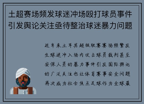 土超赛场频发球迷冲场殴打球员事件引发舆论关注亟待整治球迷暴力问题 土超赛场频发球迷冲场殴打球员事件引发舆论关注亟待整治球迷暴力问题